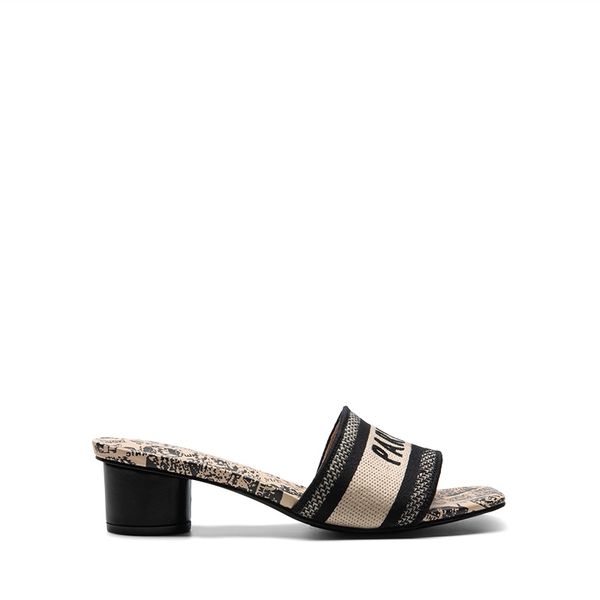 Jacquard Cylindrical Heel Slide Sandals - BLACK CREAM - 3